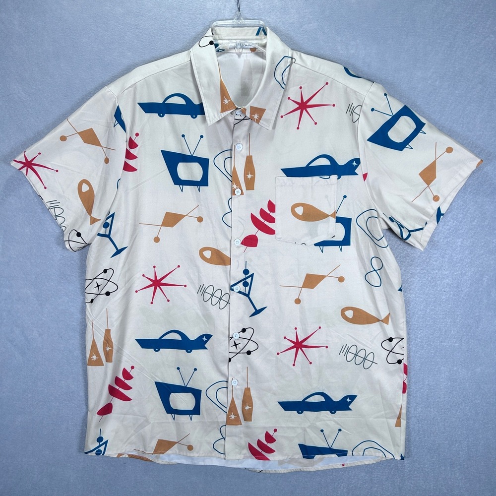 Hawalili Button Down Shirt Mens XL Cream MCM Atomic Retro Novelty Print 1152192#